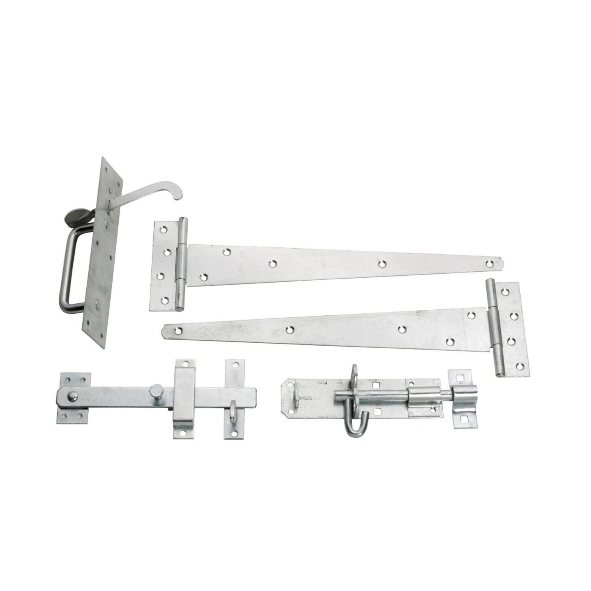 The Zinc Plated 450mm (18") Door Gate Hardware Kit - Complete Tee Hinges, Suffolk Latch & Lock Bolt Pack on a White Background 