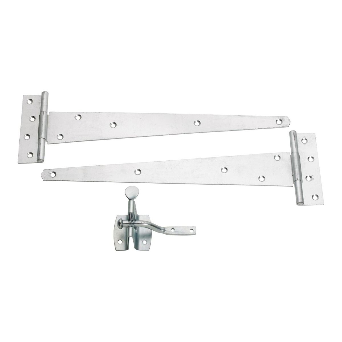 The Zinc Plated 450mm (18") Door Hardware Kit - Complete Tee Hinges & Auto Latch Pack on a White Background 