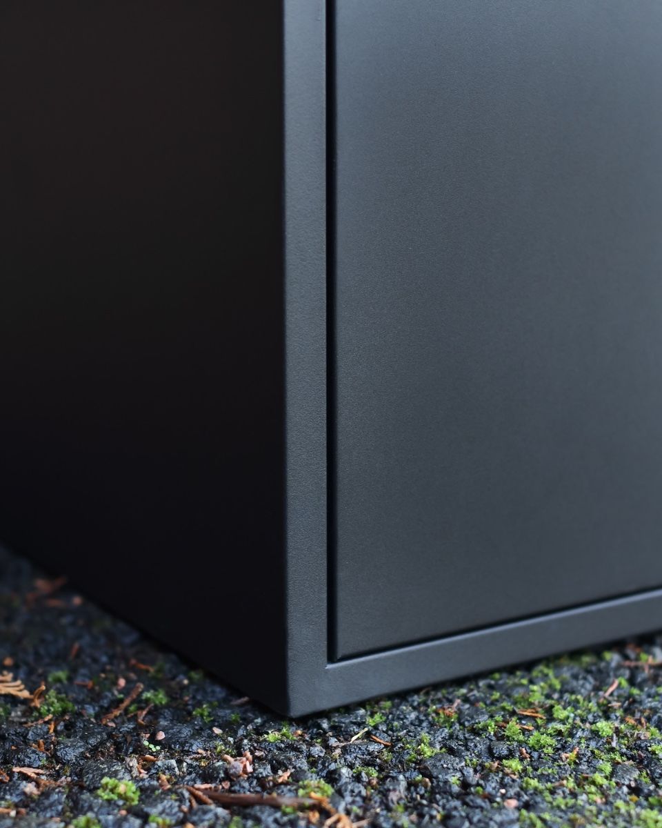 Titan Large Parcel box in Black Steel close up of corner and base