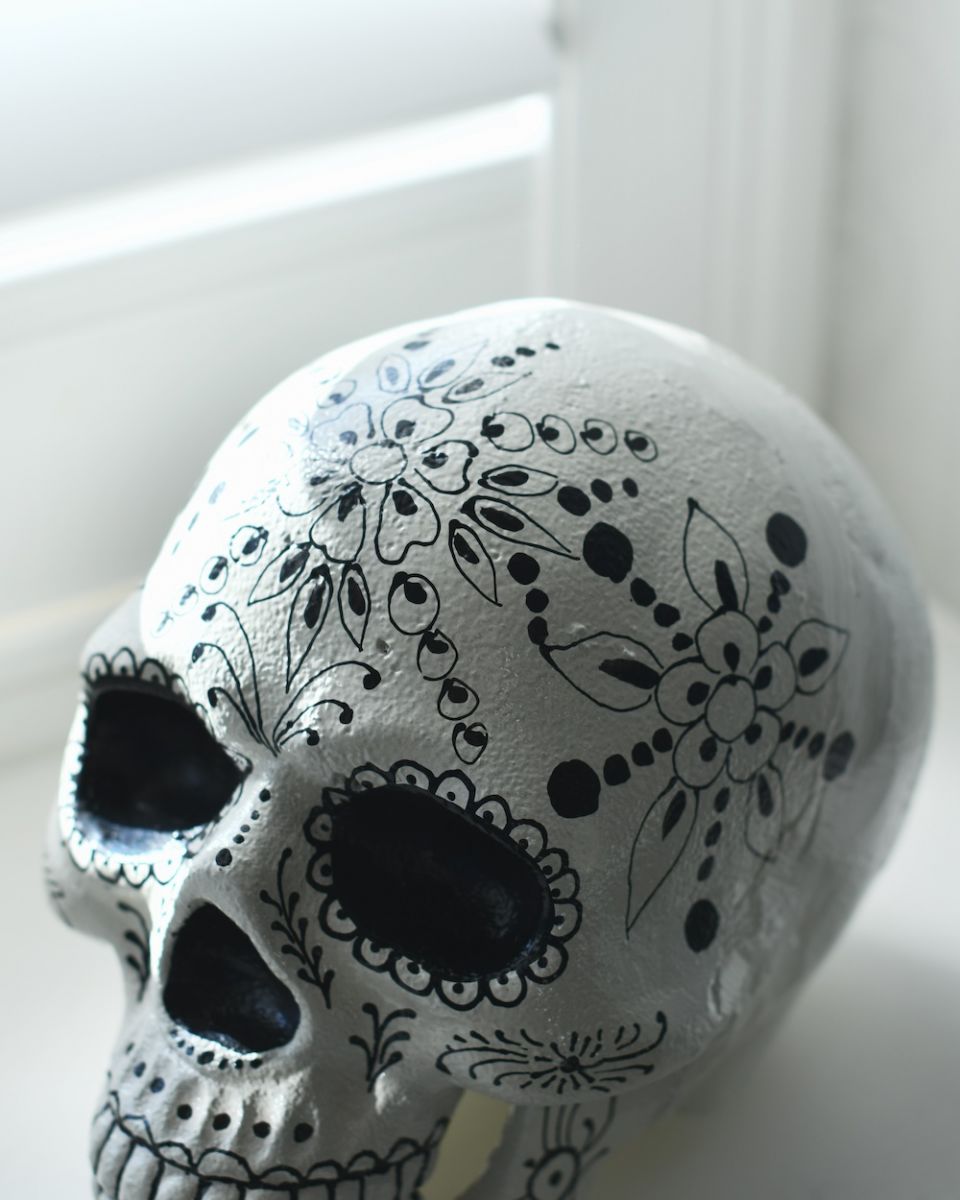 Close up of top of skull ornament