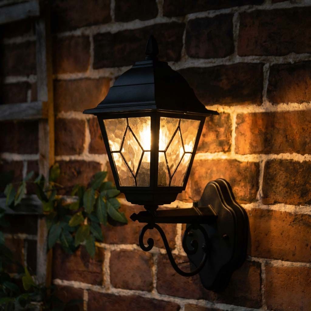 Digital Illustration of the Traditional Black Victorian Wall Lantern on a Ornate Bracket in Situ in the Dark