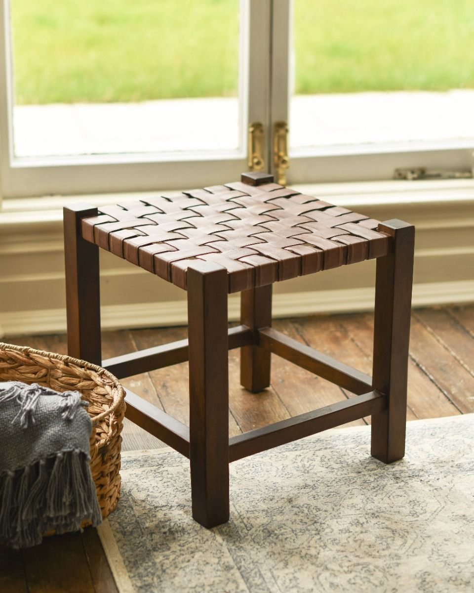 Traditional and Rustic Cross Hatch Brown Leather and Wood Stool
