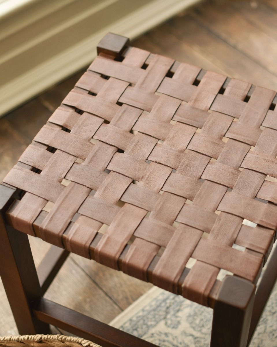 Traditional and Rustic Cross Hatch Brown Leather and Wood Stool Leather Close Up
