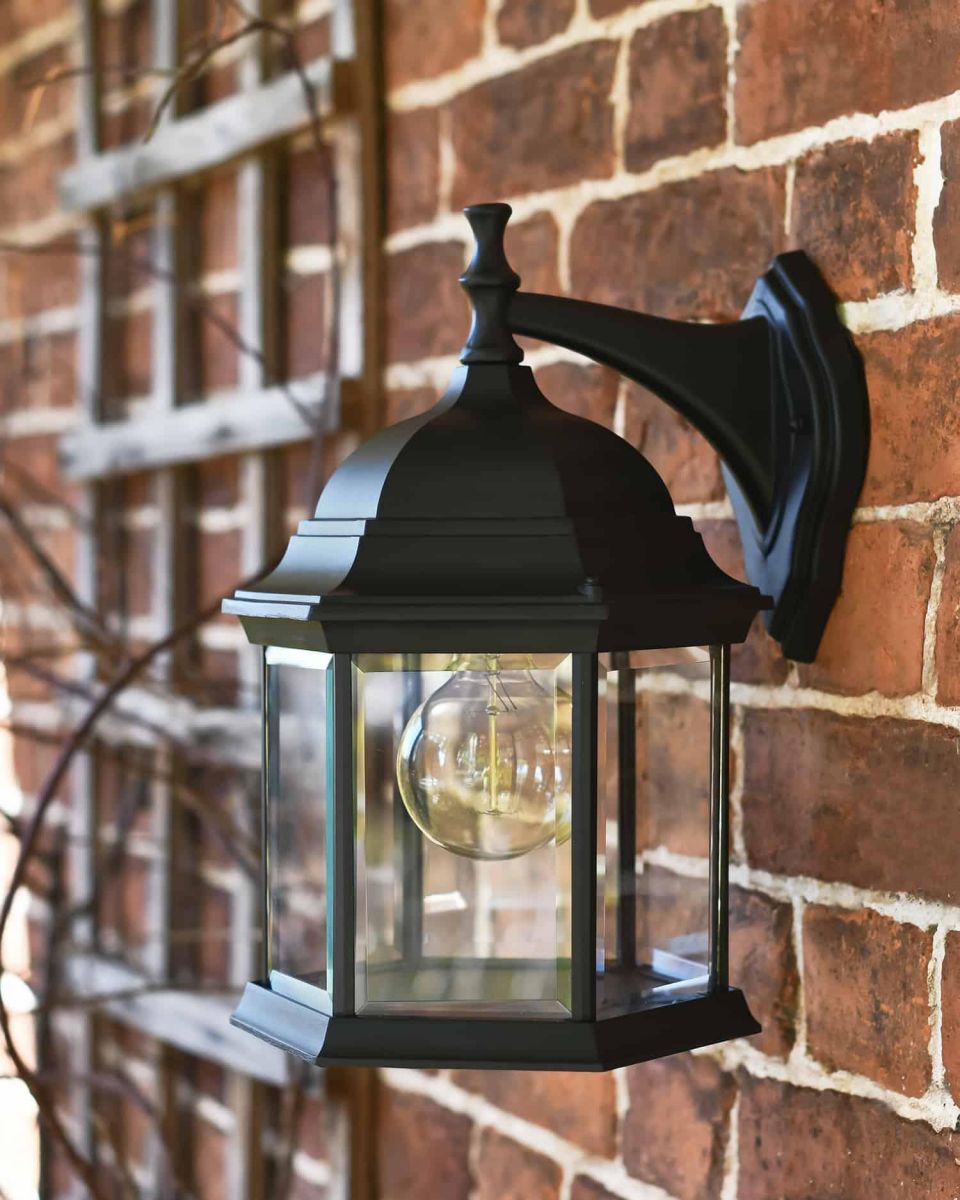 Traditional Black "Hexagonal" Victorian Top-Fix Wall Lantern - 36cm x 25cm in Situ Traditional Black "Hexagonal" Victorian Top-Fix Wall Lantern - 36cm x 25cm in Situ
