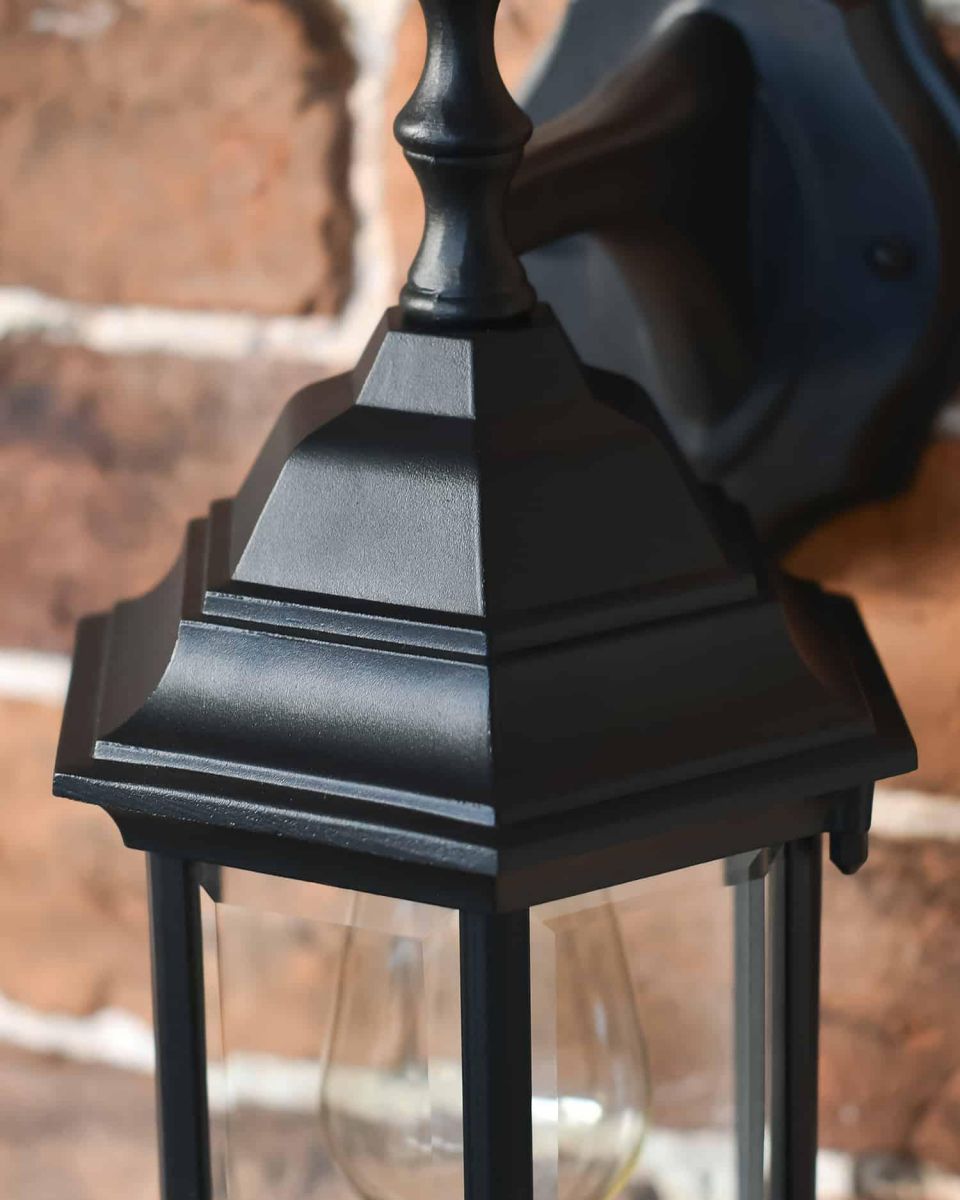 Close-Up of Traditional Black "Hexagonal" Victorian Top-Fix Wall Lantern - 36cm