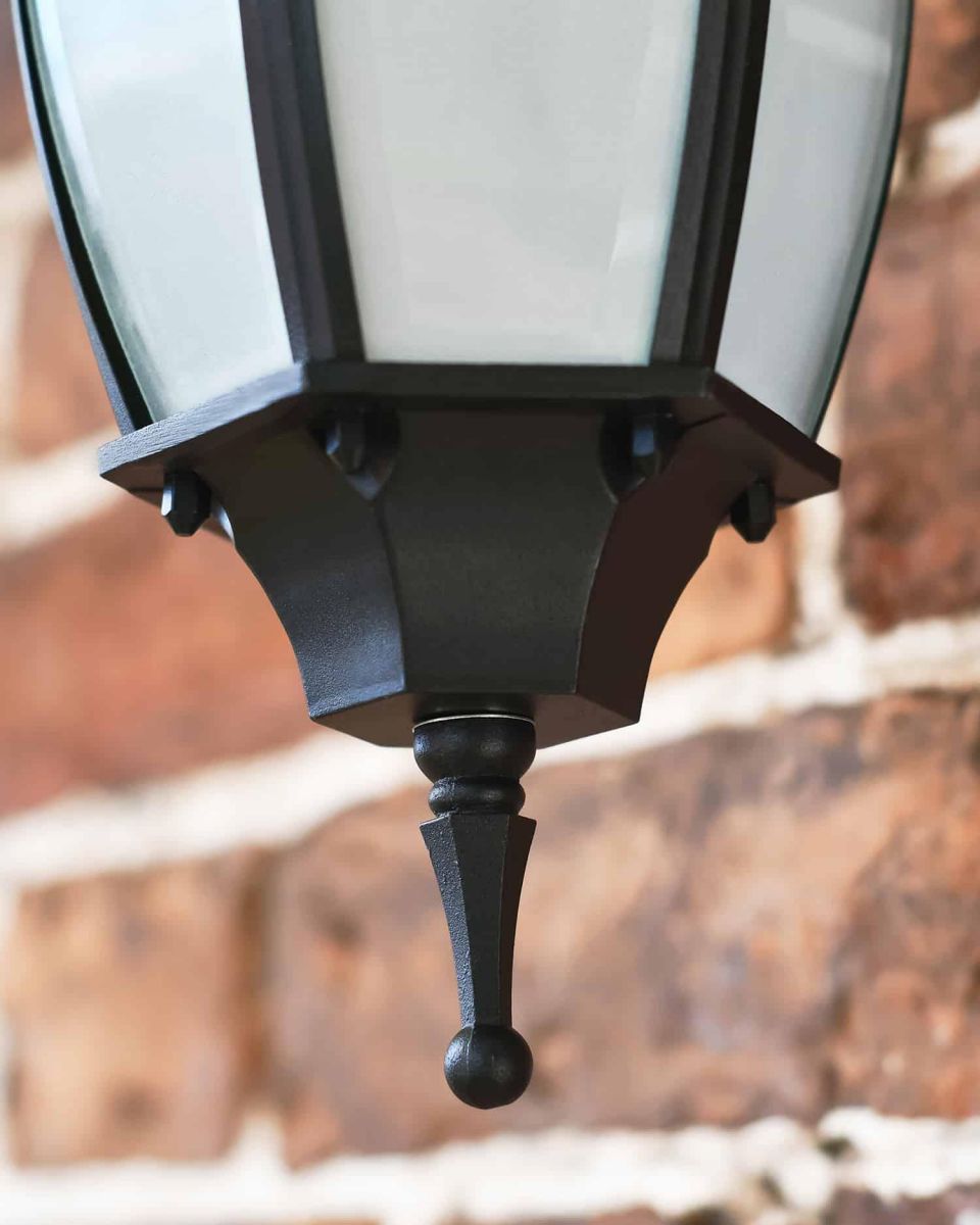 Close-Up of Traditional Black "Winter Frost" Aluminium Victorian Top Fix Wall Lantern