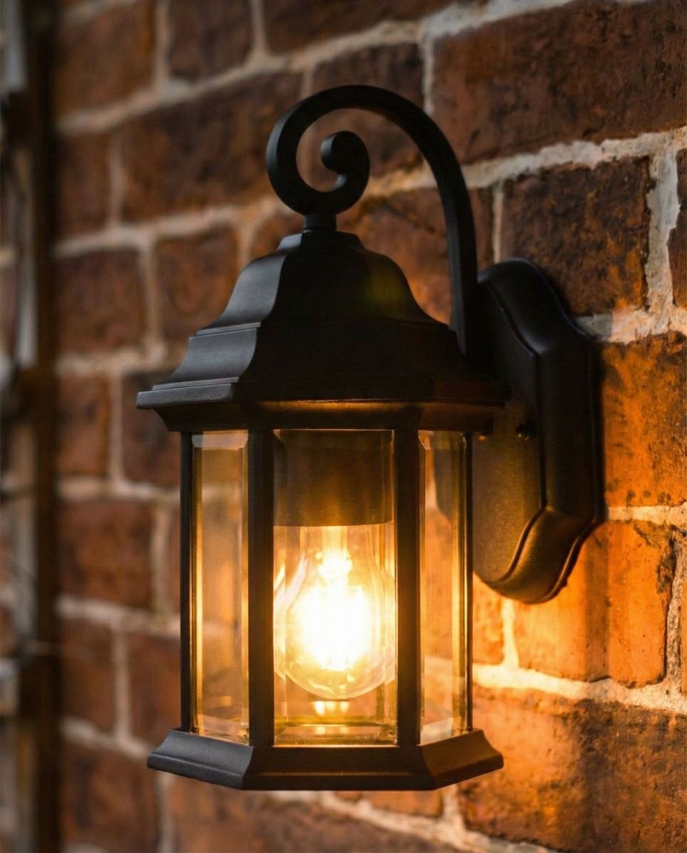 Digital representation of Traditional Black Aluminium Ornate Top Fix Wall Lantern lit up