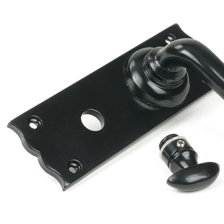 Close-Up of Traditional Black Bathroom Mortice Lock Door Handle Set