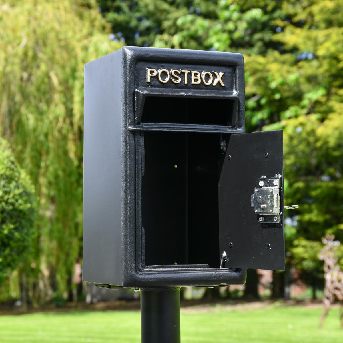Traditional Black & Gold Post Box and Stand with Front Opening Door