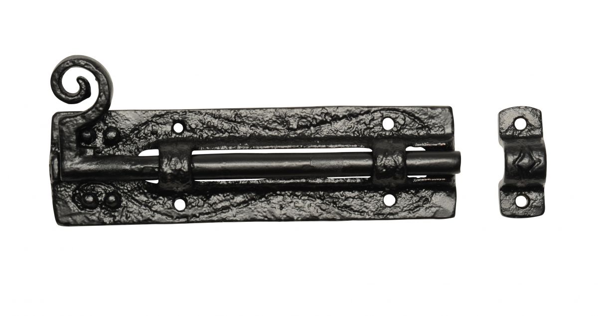 Traditional Black Iron Door or Gate Bolt With Monkey Tail Handle