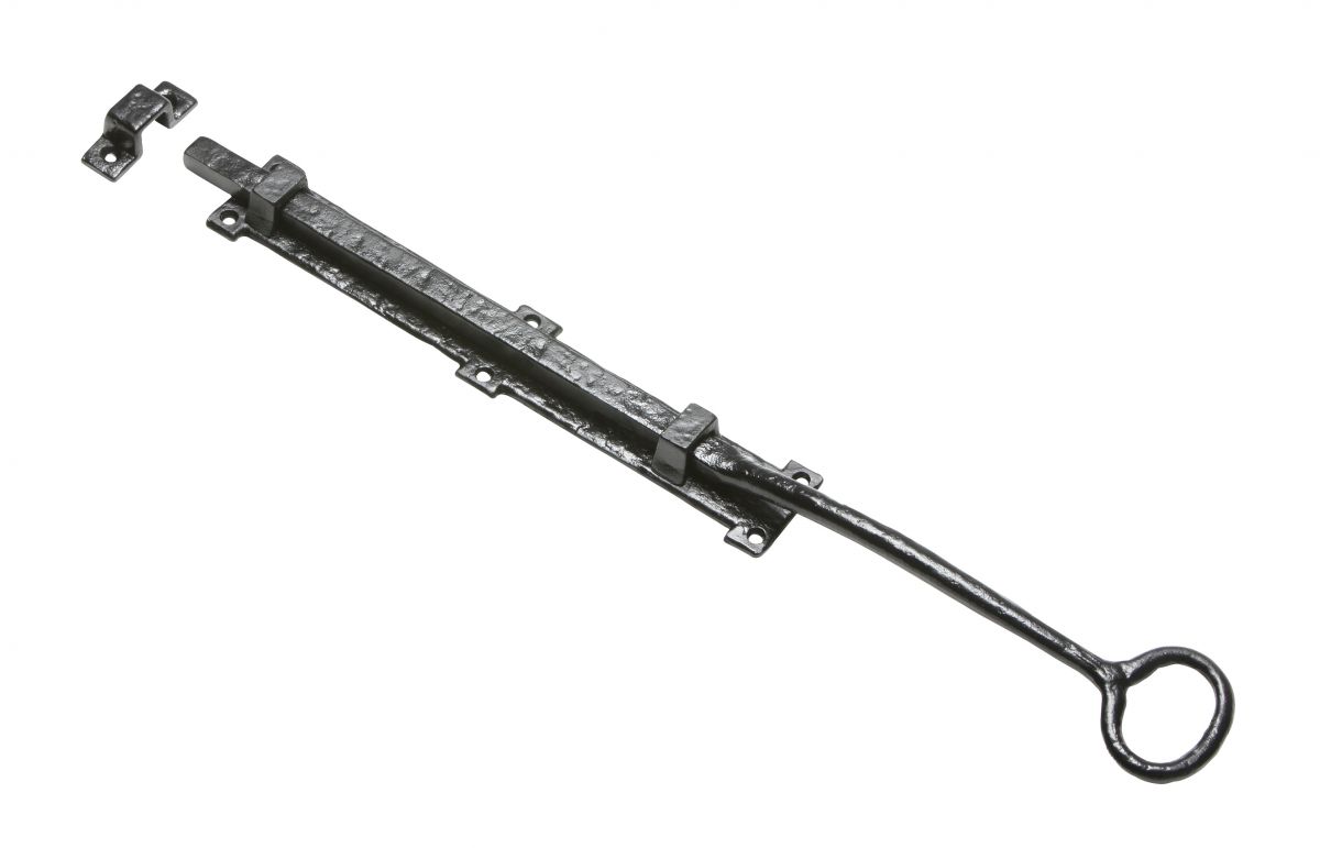 Traditional Black Iron Extra Long Door or Gate Bolt With Ring Handle