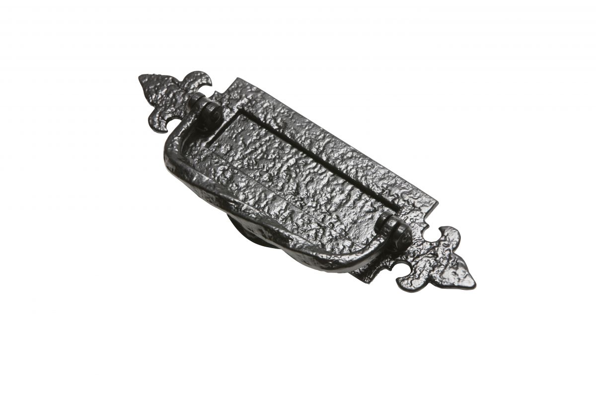 14 Inch Traditional Black Iron Fleur-De-Lys Letter Plate With Integral Knocker 14 Inch Traditional Black Iron Fleur-De-Lys Letter Plate With Integral Knocker