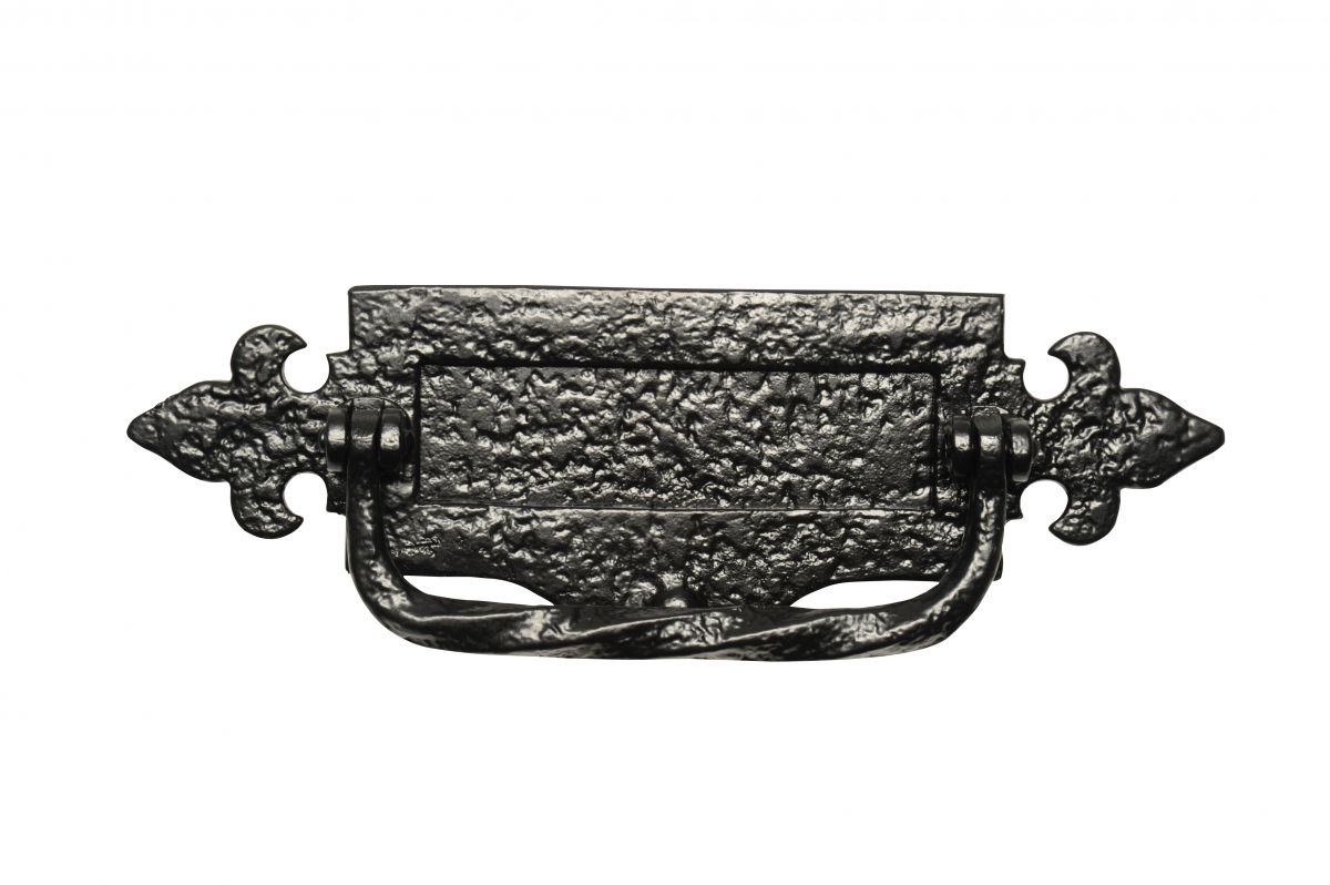 12 Inch Traditional Black Iron Fleur-De-Lys Letter Plate With Integral Knocker