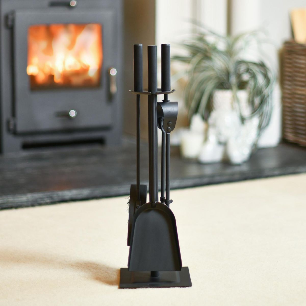 Traditional Black Slim Three Piece Companion Set In A Fireside Setting