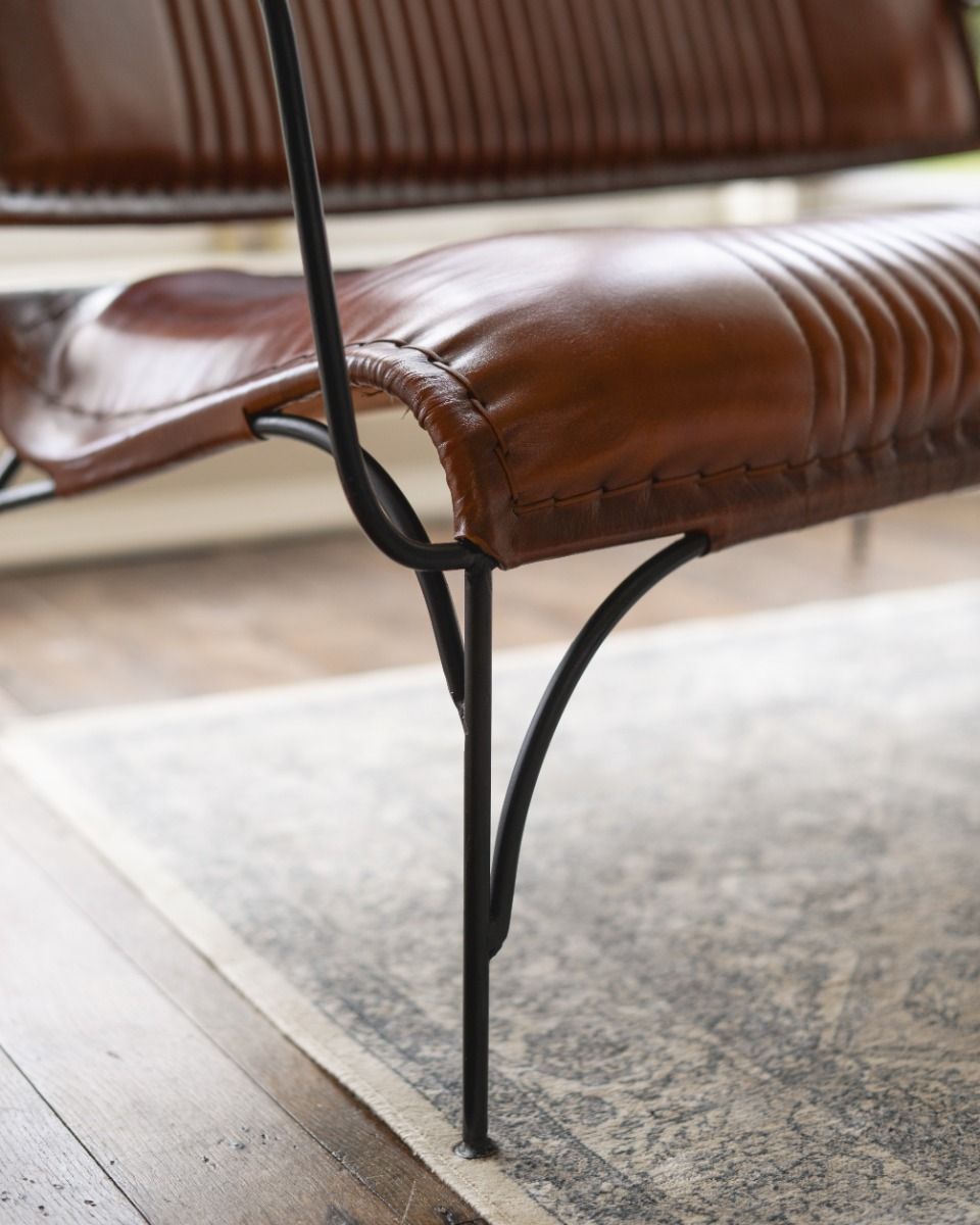 Traditional Cast Iron and Goats Leather Two Seater Chair in Tan Frame Details