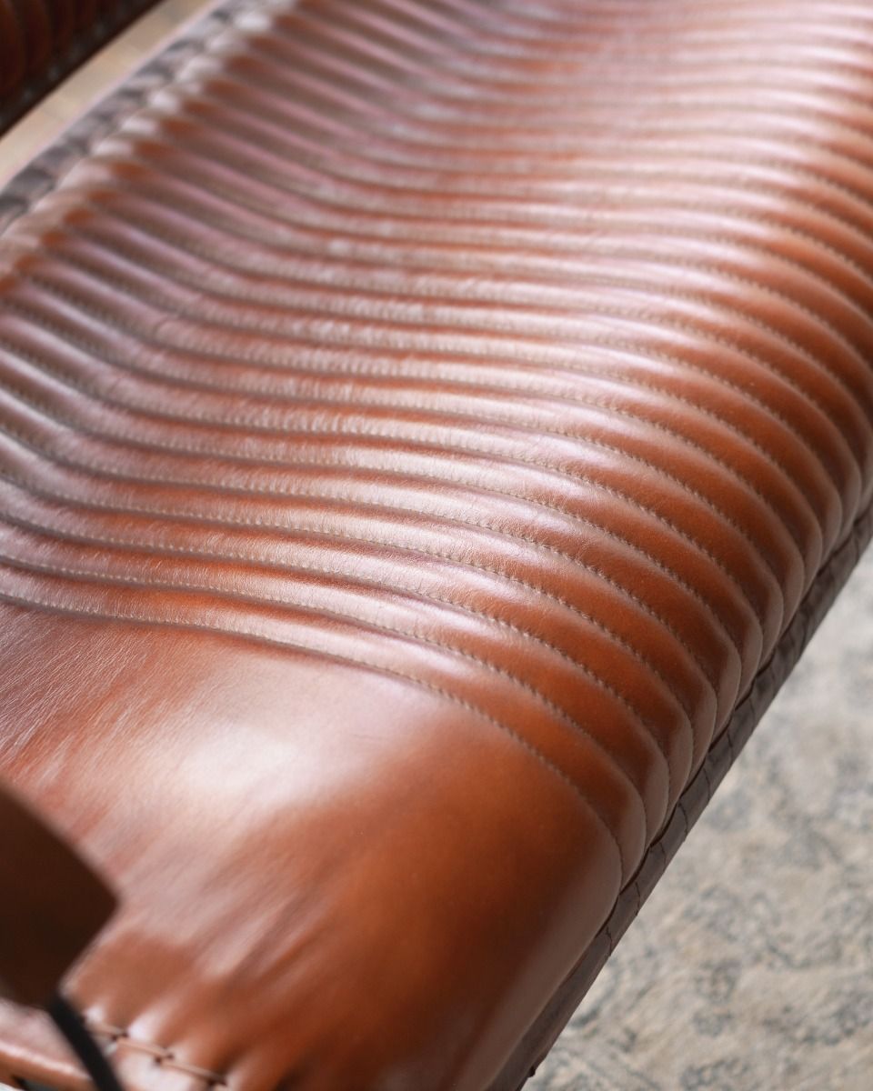 Traditional Cast Iron and Goats Leather Two Seater Chair in Tan Seat Close Up