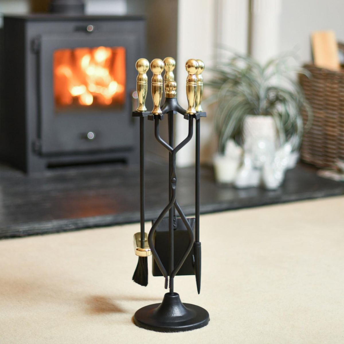 Traditional Cawthorne Black Companion Set In A Fireplace Setting