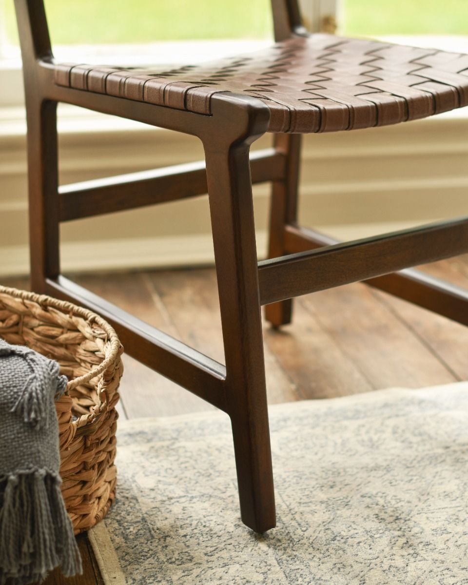 Traditional Cross Hatch Tan Leather Wooden Chair Wooden Legs