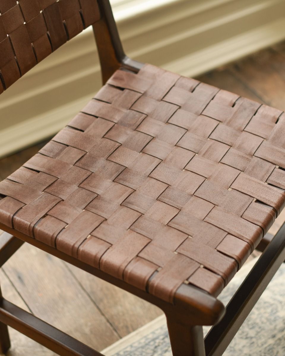 Traditional Cross Hatch Tan Leather Wooden Chair Seat Detail