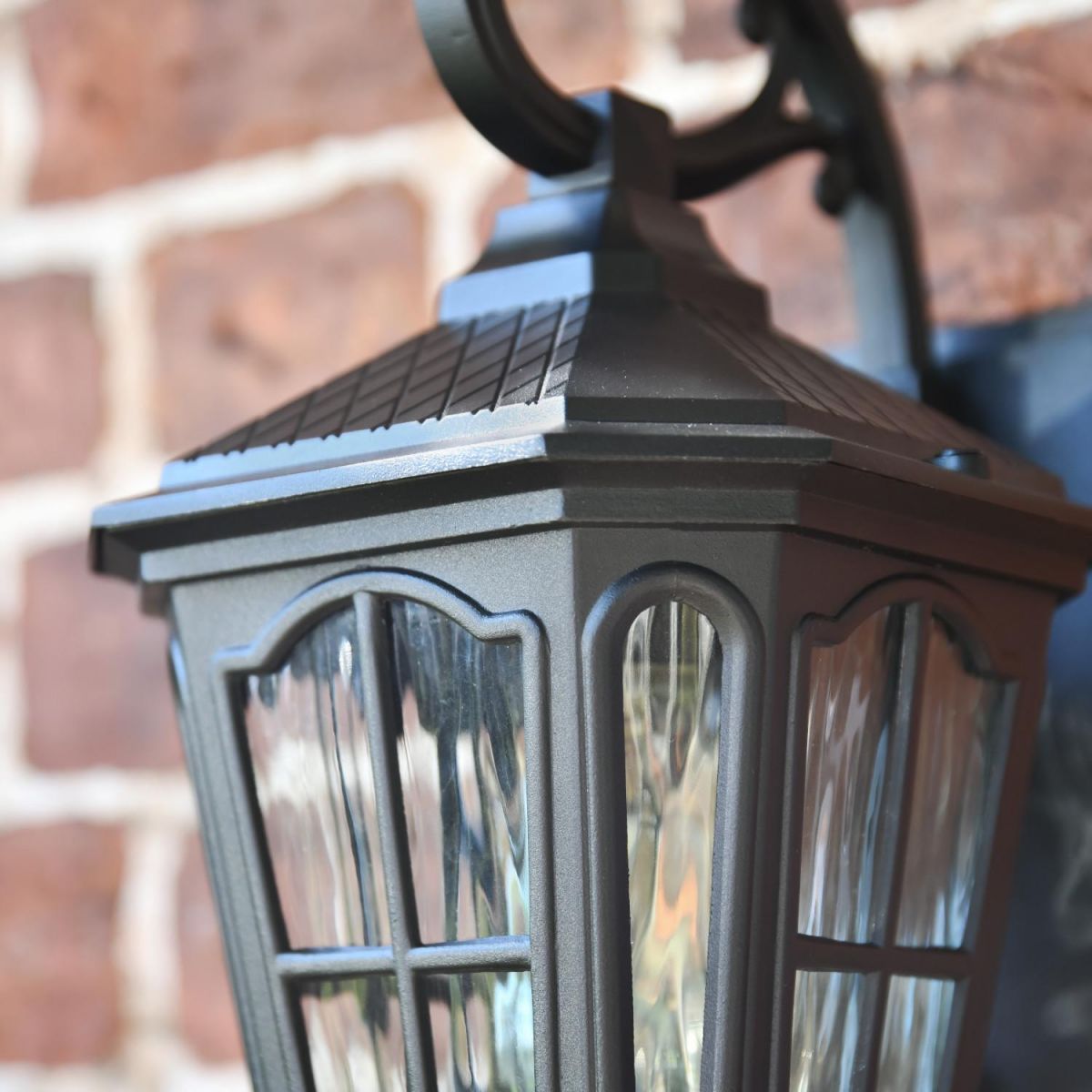 Close-Up of Traditional "Fishhook" Vintage Black Outdoor Top Fix Wall Lantern Close-Up of Traditional "Fishhook" Vintage Black Outdoor Top Fix Wall Lantern