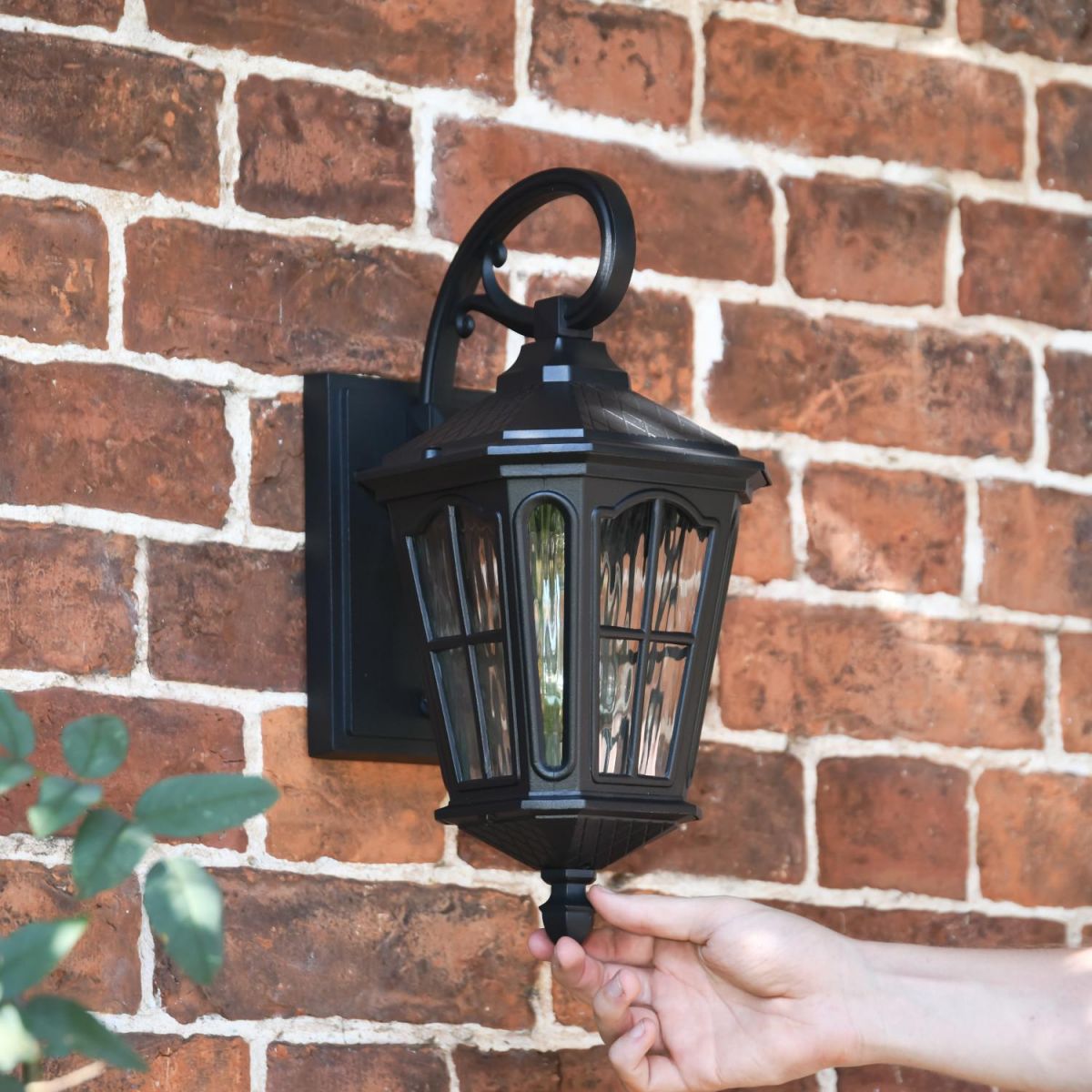 Scale Shot of Traditional "Fishhook" Vintage Black Outdoor Top Fix Wall Lantern Scale Shot of Traditional "Fishhook" Vintage Black Outdoor Top Fix Wall Lantern