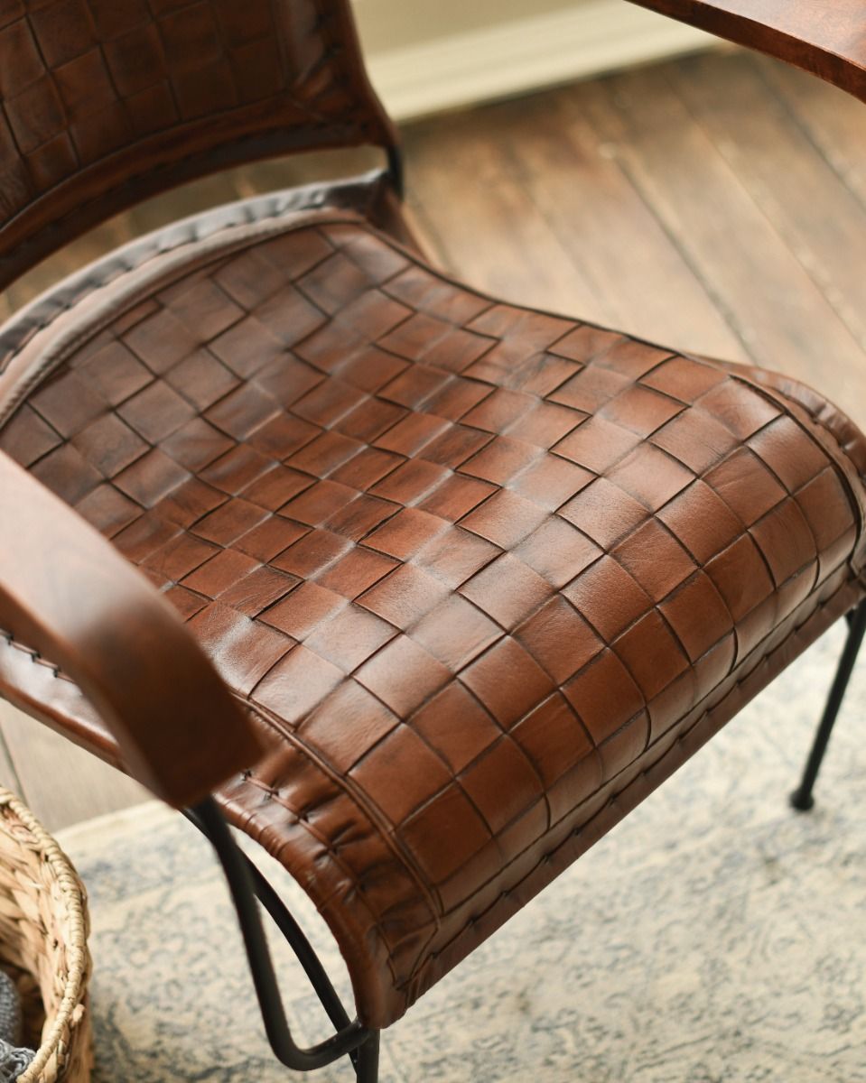 Traditional Hand Woven Tan Leather and Iron Arm Chair Seat Detailing