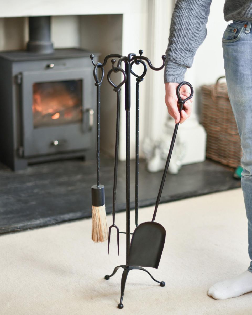 Scale Shot of Traditional "Hillingdon" Black Four Piece Companion Set with Looped Handles Scale Shot of Traditional "Hillingdon" Black Four Piece Companion Set with Looped Handles