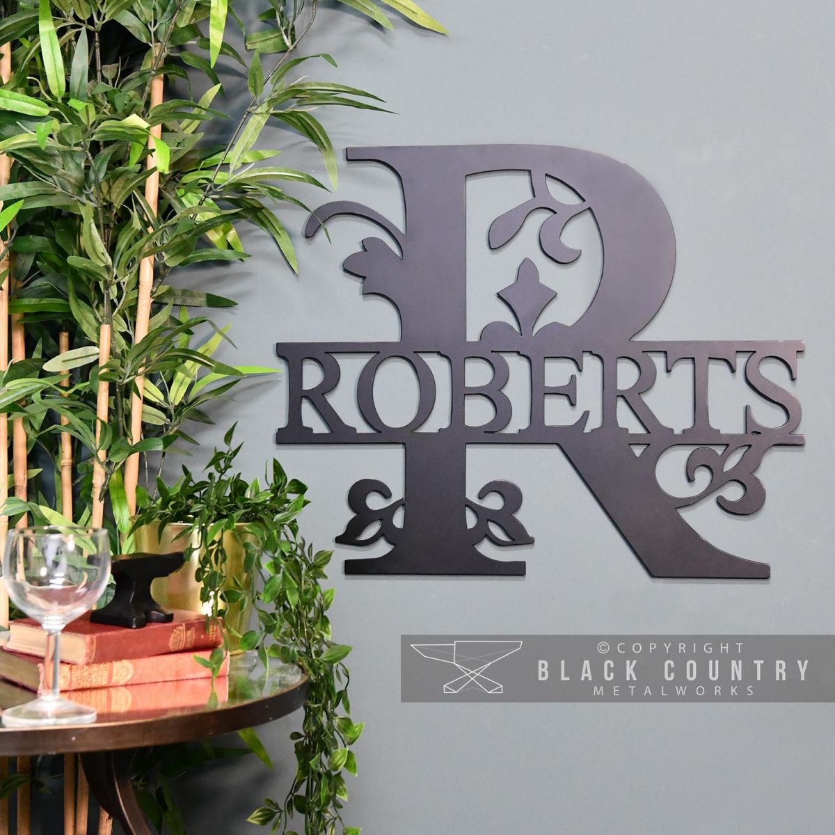 Letter R Monogram Sign in Situ on a Blue Wall