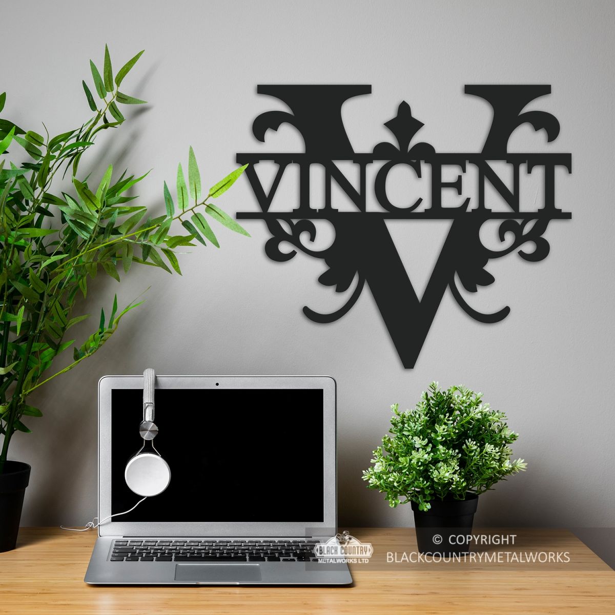 Letter V Monogram Name Sign in Situ in the Office