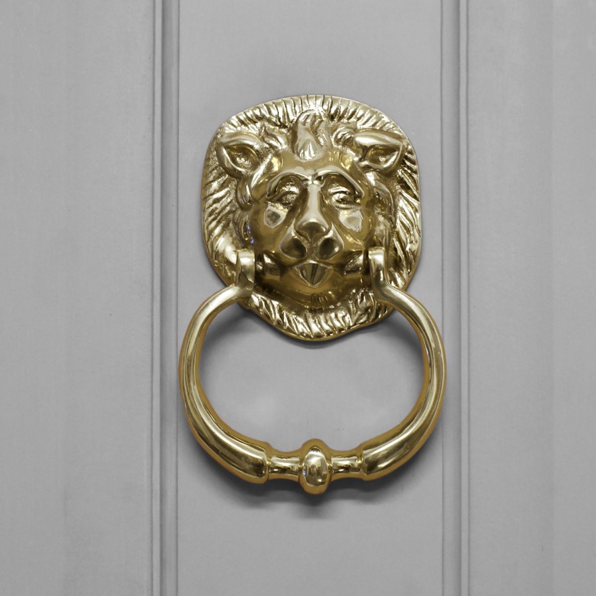 Polished Brass Lion Door Knocker in Situ on a Grey Door