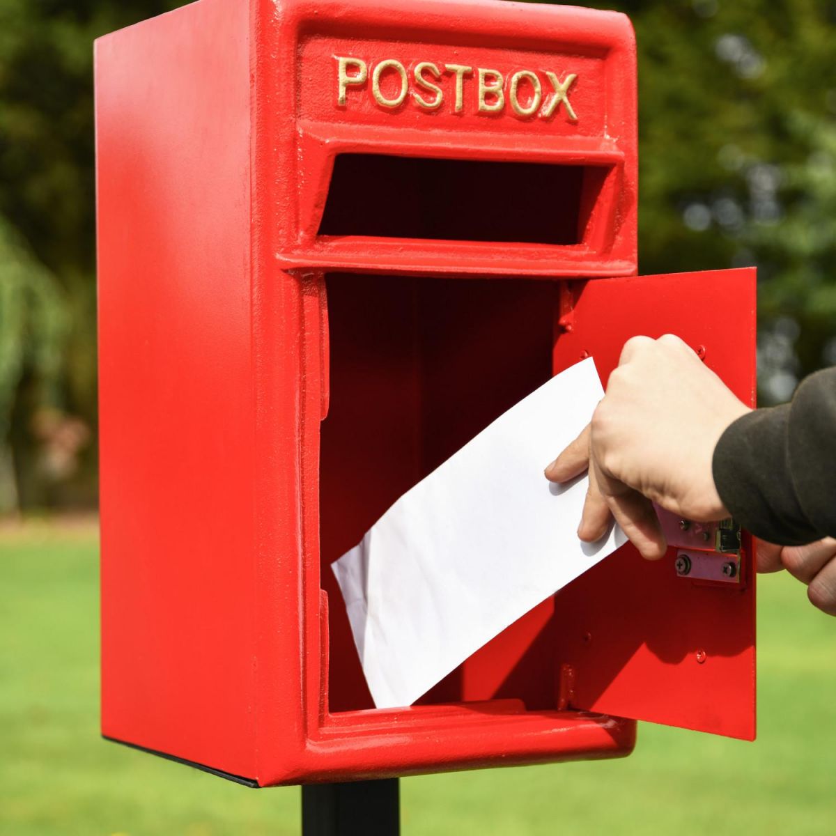 Lockable Front in Use on Traditional Red & Gold Post Box and Stand