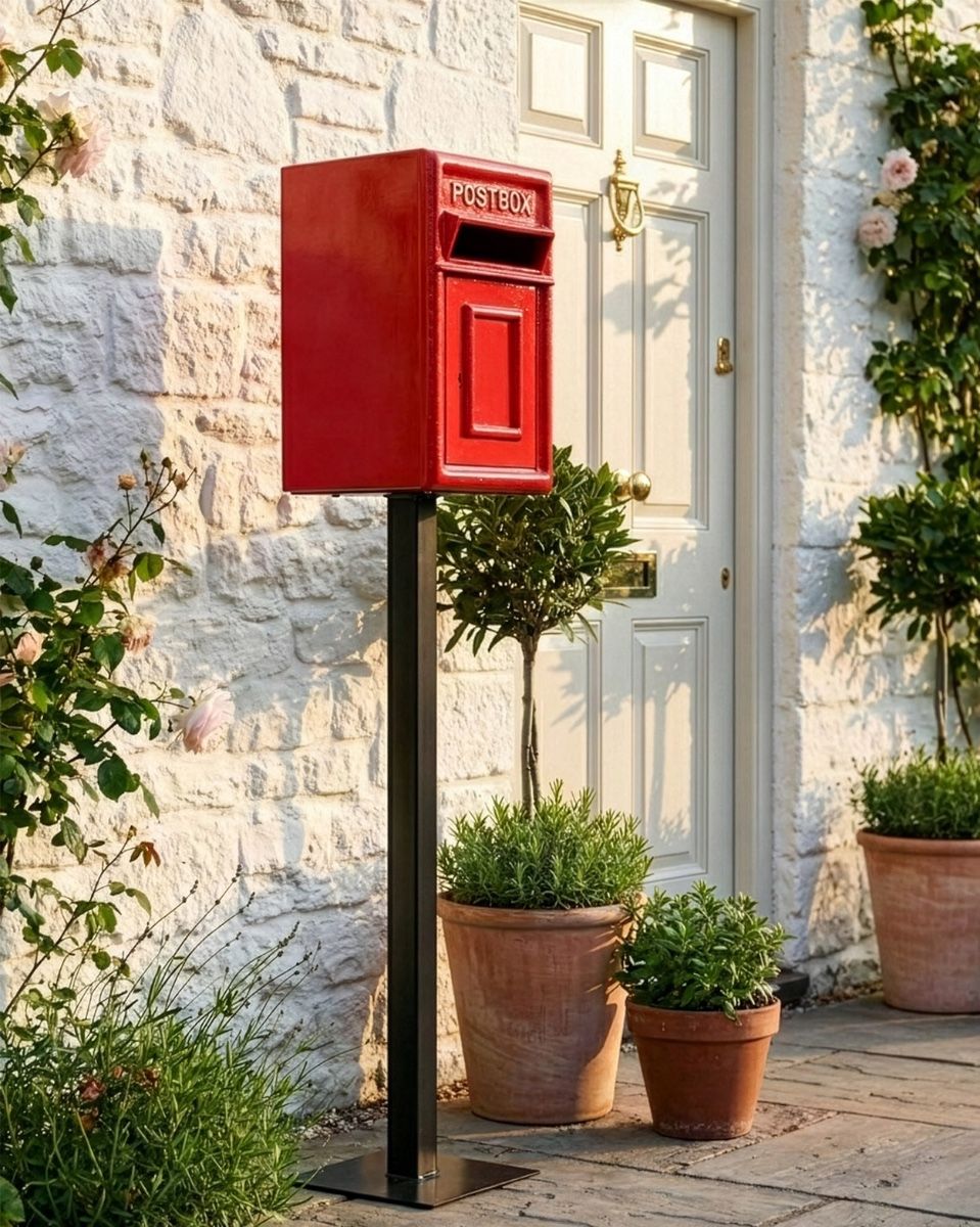 Traditional Red & Gold Post Box and Stand digital illustration