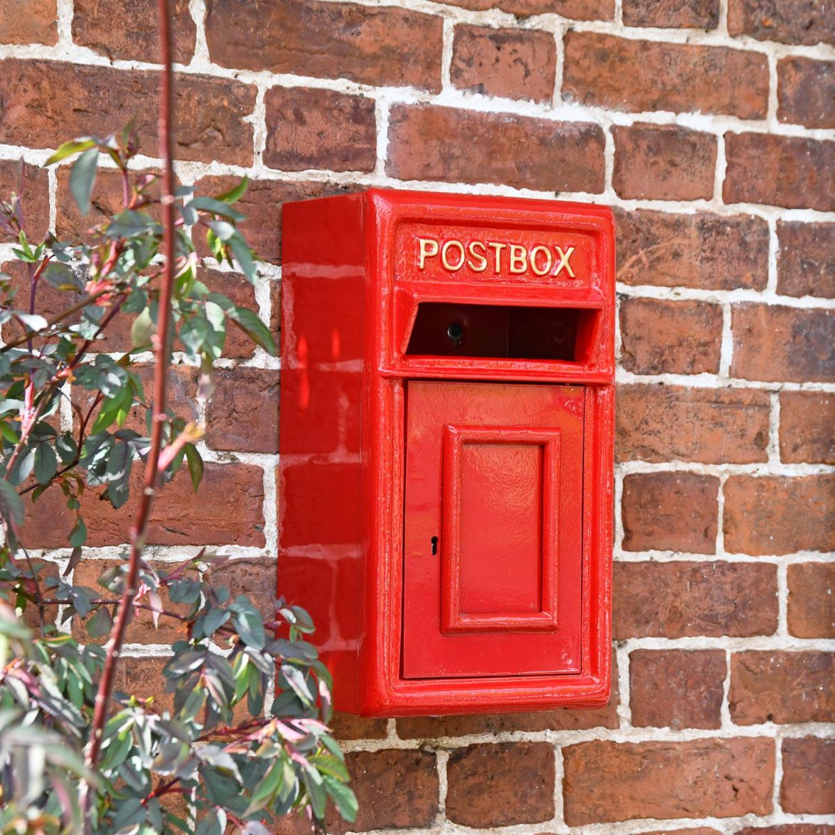Traditional Wall Mounted Post Box Finished in Red With Gold Text