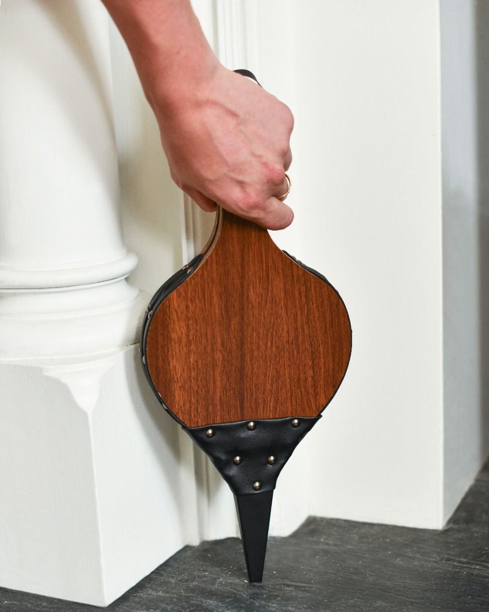 Traditional Rounded Wooden & Black Leather Fire Bellows with Hand for Scale