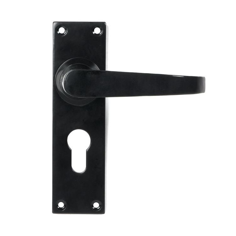 Large Traditional Smooth Black Lever Euro Lock Door Handle Set in Situ