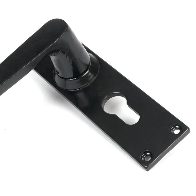 Close-Up of Traditional Smooth Black Lever Euro Lock Door Handle Set in Situ