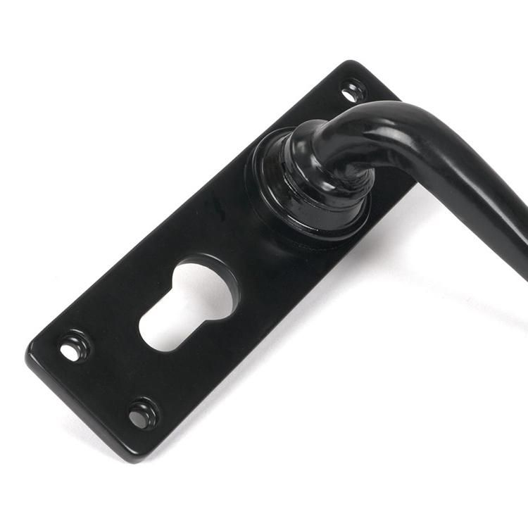 Close-Up of Right Hand Traditional Smooth Black Lever Euro Lock Door Handle