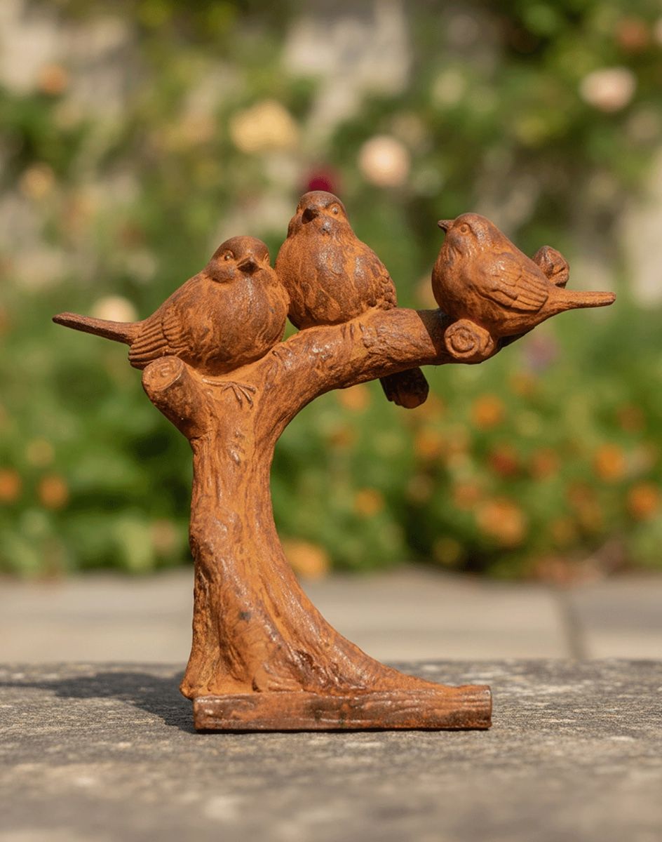 Trio Of Rustic Cast Iron Perched Birds Digital Illustration