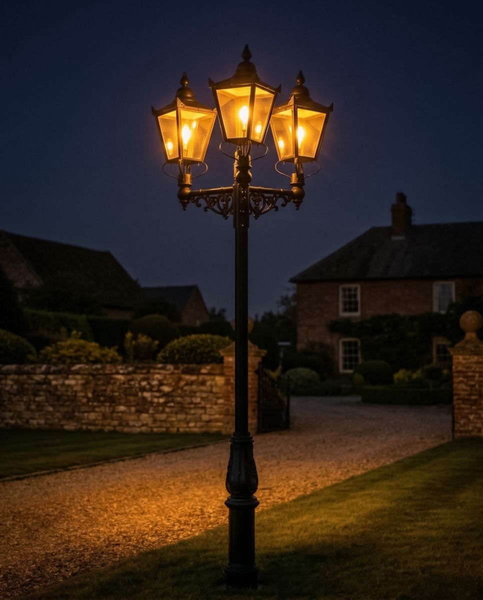 Triple Head Large Traditional Garden Lamp Post - 3.6m digital illustration at night