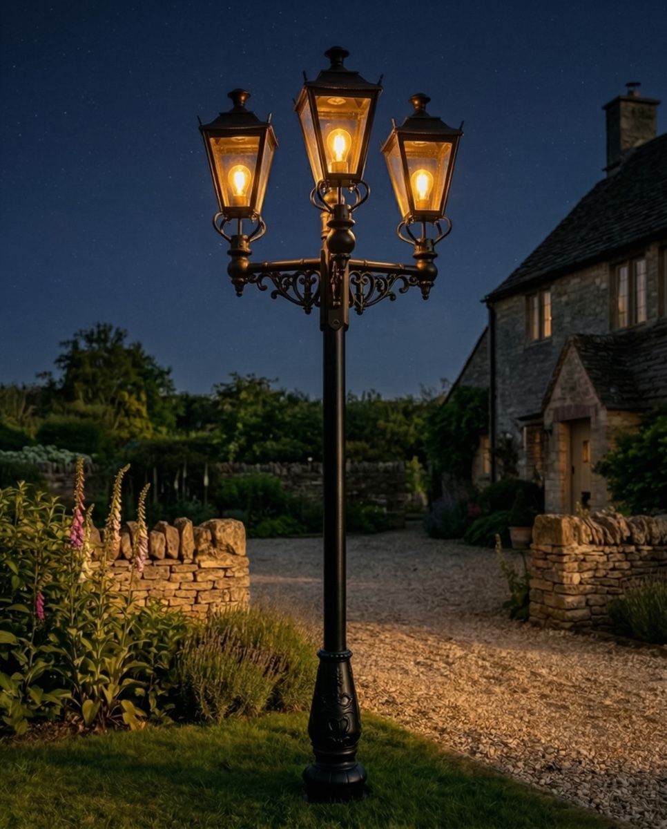Triple Headed Dorchester Lamp Post & Lantern Set digital illustration at night
