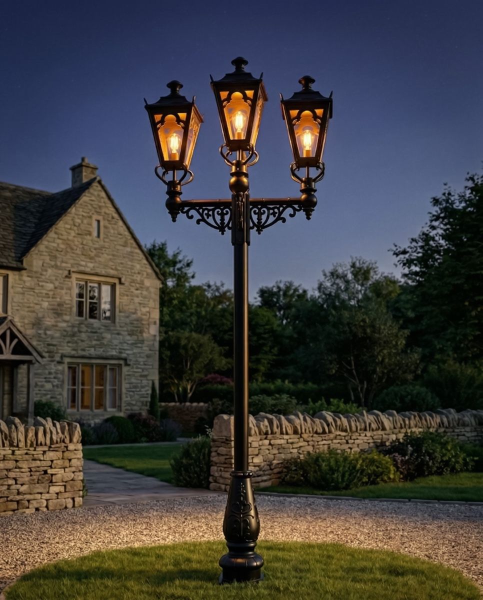 Triple Headed Gothic Style Lamp Post digital illustration at night