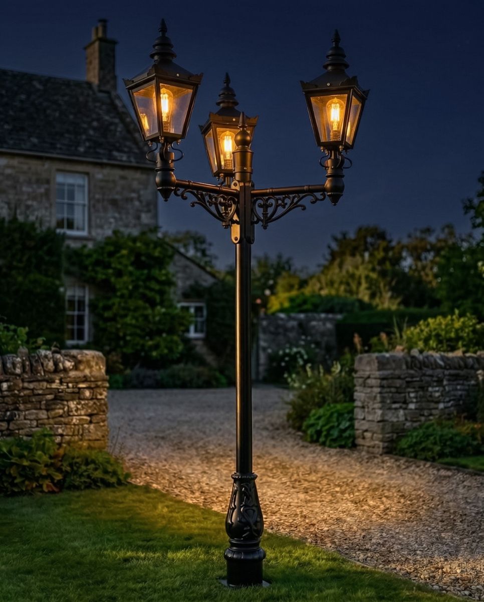 Triple Headed Harrogate Lamp Post Set - 2m digital illustration at night