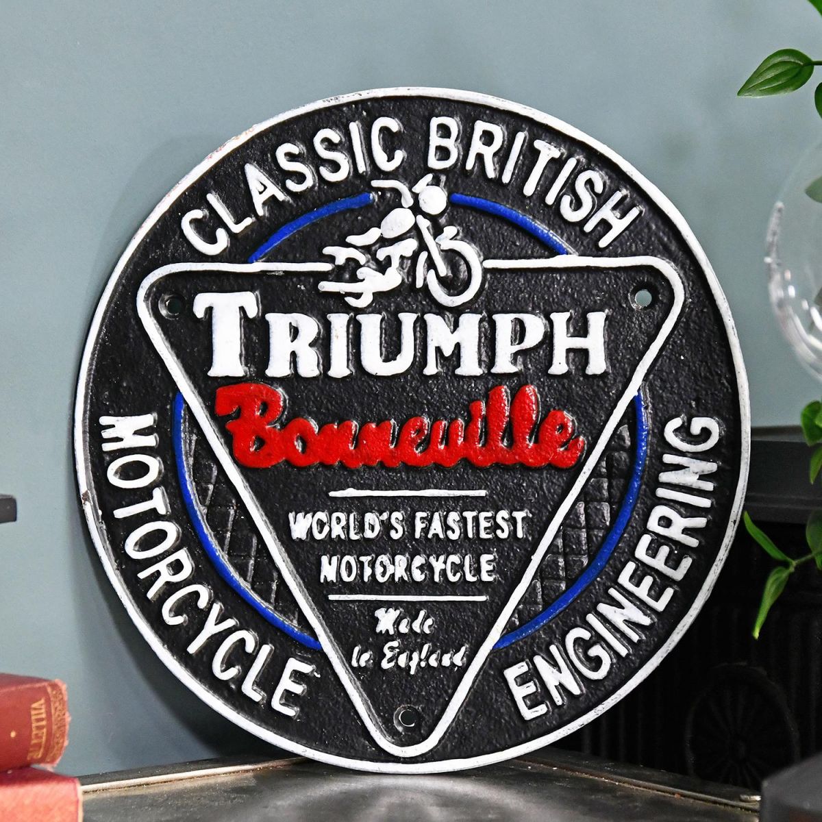 "Classic British Triumph Motorcycles" Cast Iron Vintage Wall Sign in Situ in the Home