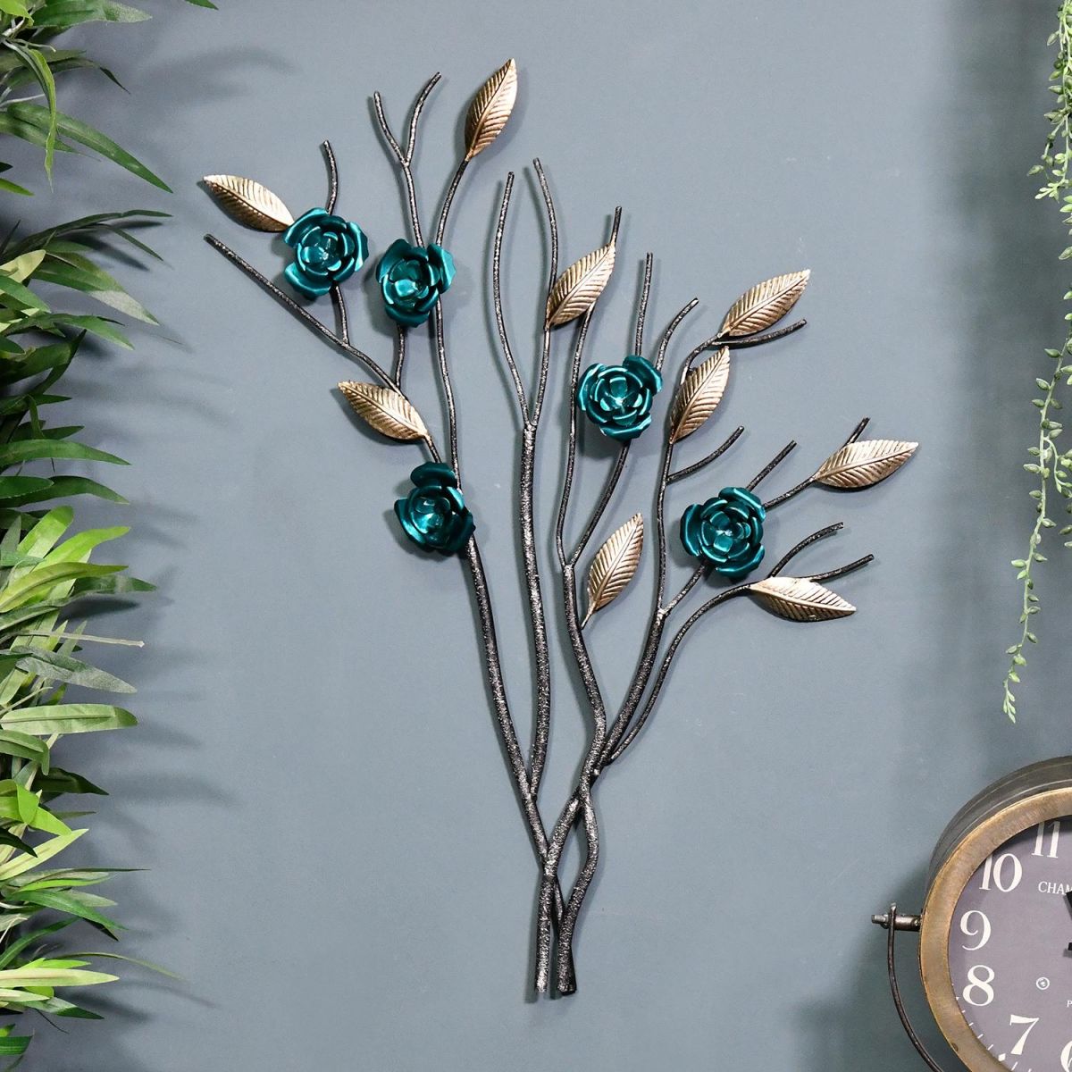 Turquoise Rose Branch Wall Art on a Blue Wall