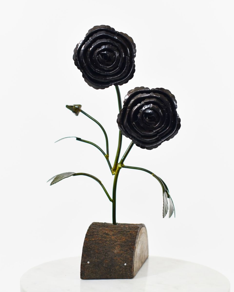 Twin bloom Upcycled Steel Botanical Sculpture in Wooden Base - Black