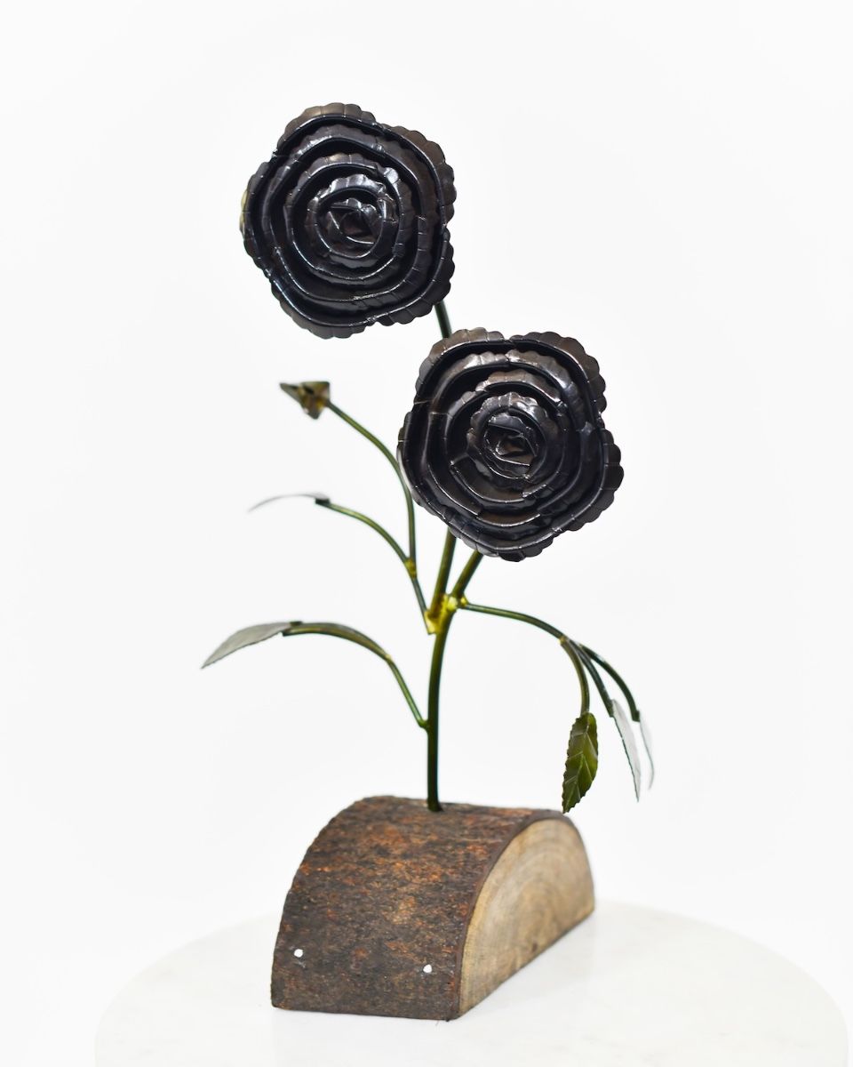 Twin bloom Upcycled Steel Botanical Sculpture in Wooden Base - Black angled base