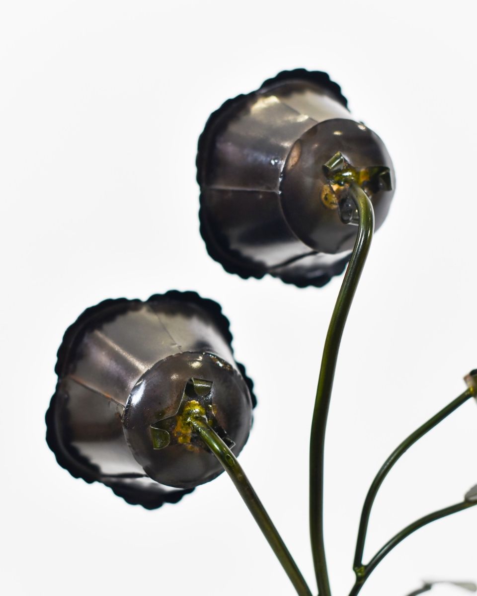 Twin bloom Upcycled Steel Botanical Sculpture in Wooden Base - Black close up of back of flowers