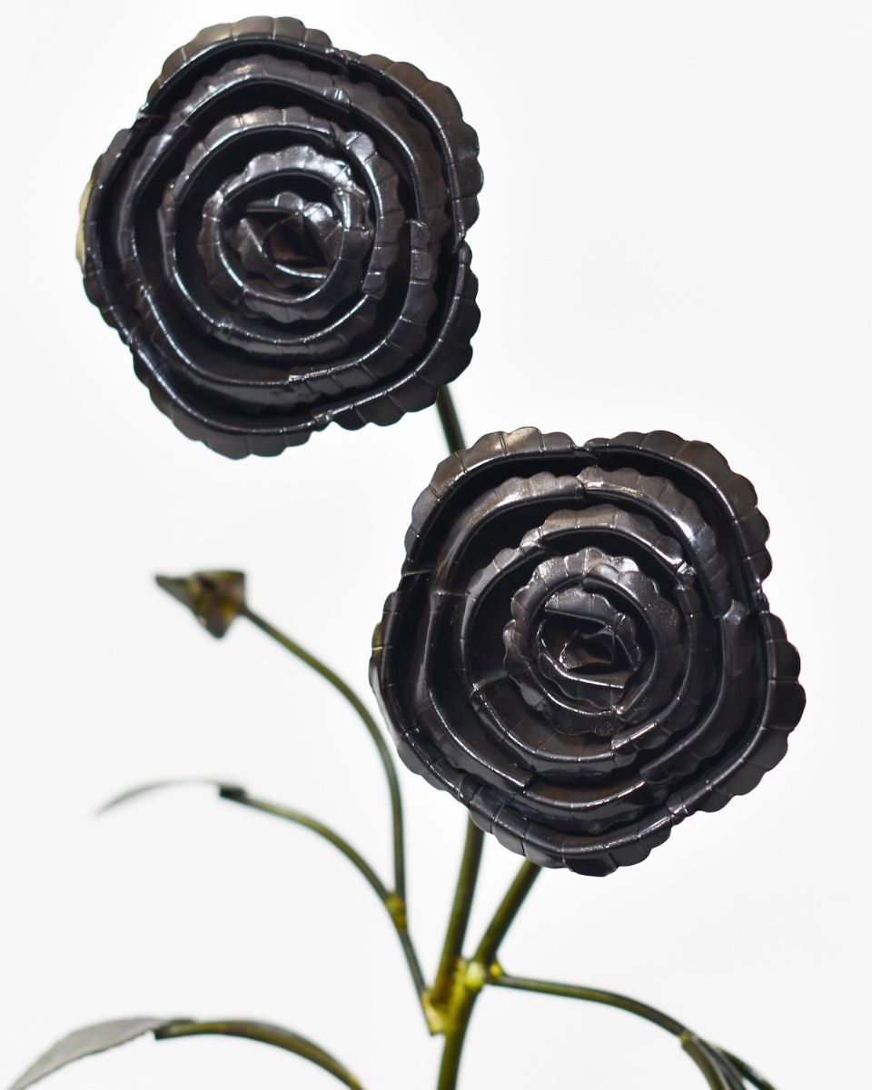 Twin bloom Upcycled Steel Botanical Sculpture in Wooden Base - Black close up of flowers