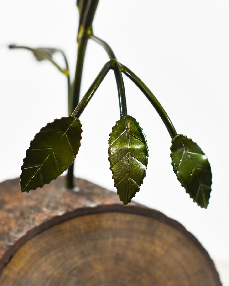 Twin bloom Upcycled Steel Botanical Sculpture in Wooden Base - Black close up of leaves
