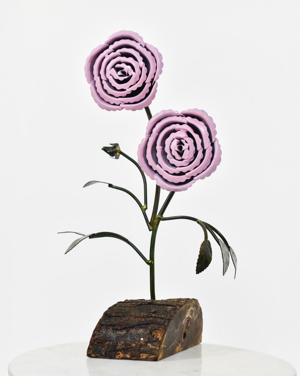 Twin bloom Upcycled Steel Botanical Sculpture in Wooden Base - Pink